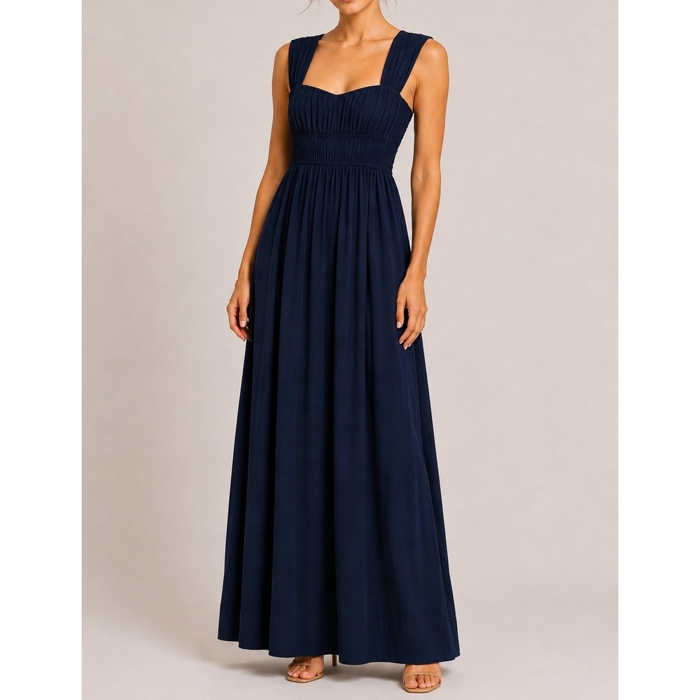 La Ligne Gathered Crepe Midi Dress Navy Blue Smocked Viscose Sleeveless Size M